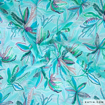Viscose stof rayon turquoise leaves chalis 2229 7 01 katia g