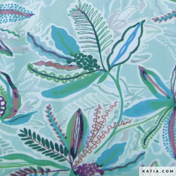 Viscose stof rayon turquoise leaves chalis 2229 7 katia fhd